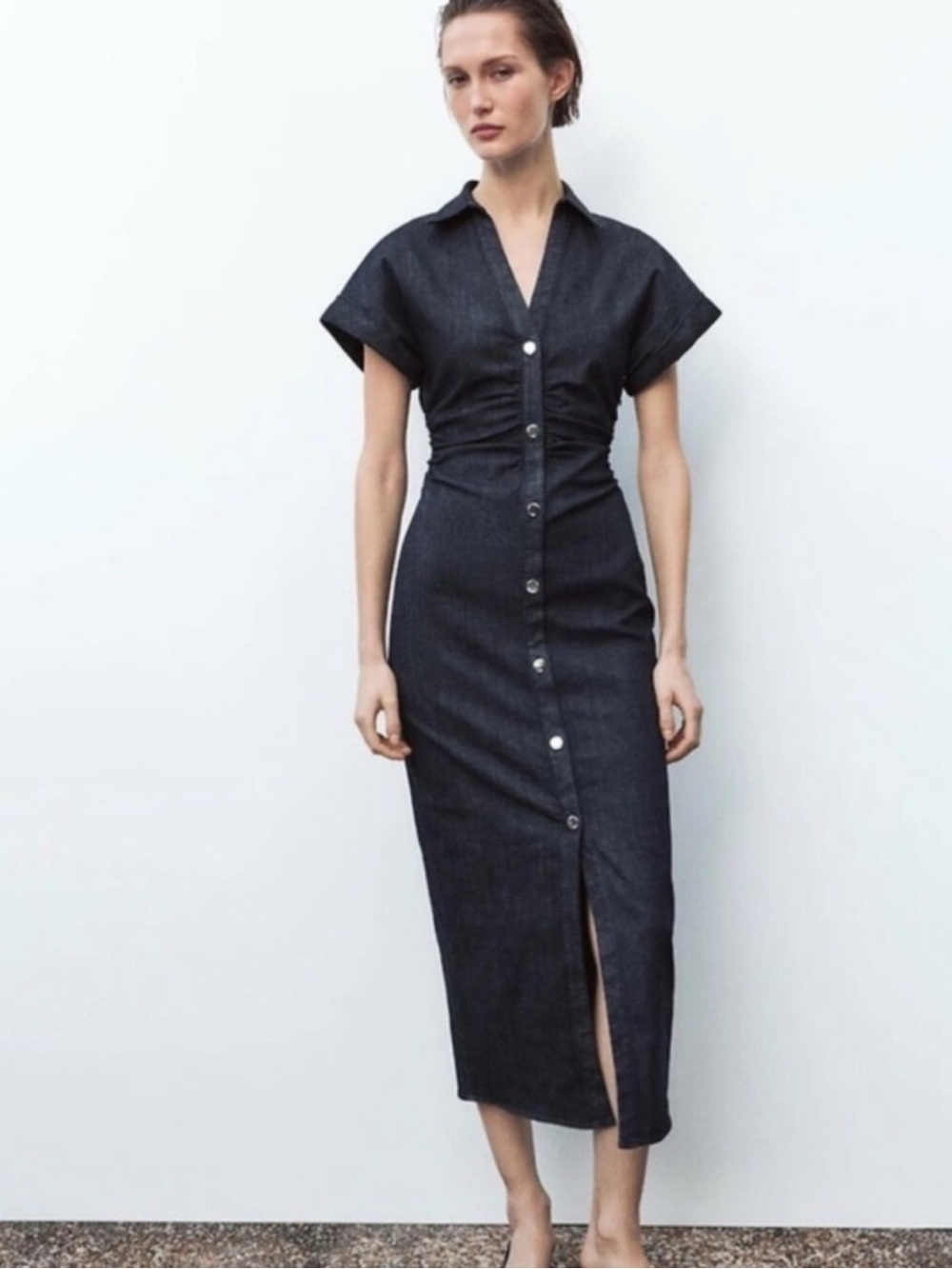 Zara Dark Indigo Button-Front Midi Dress